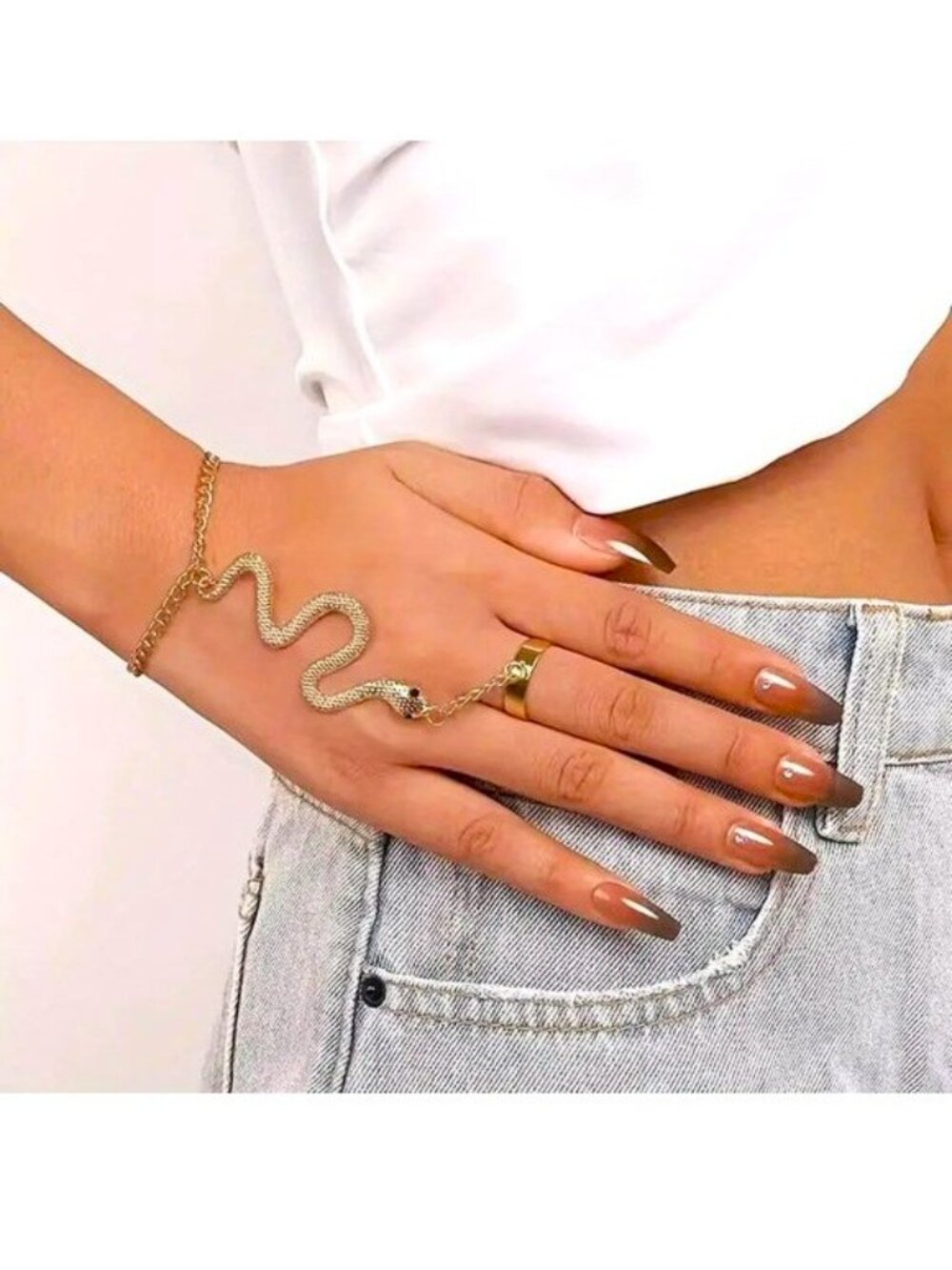 Snake Bracelet Finger Chain Ring Sexy Serpent Reptile Glam Statement Stylish Fun